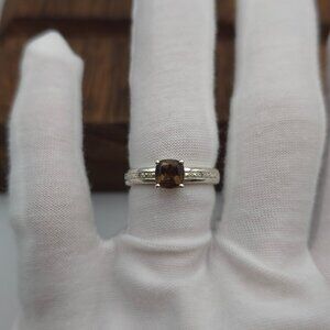 Size 8 925 Sterling Silver Square Smoky Quartz With Diamond Accents Ring